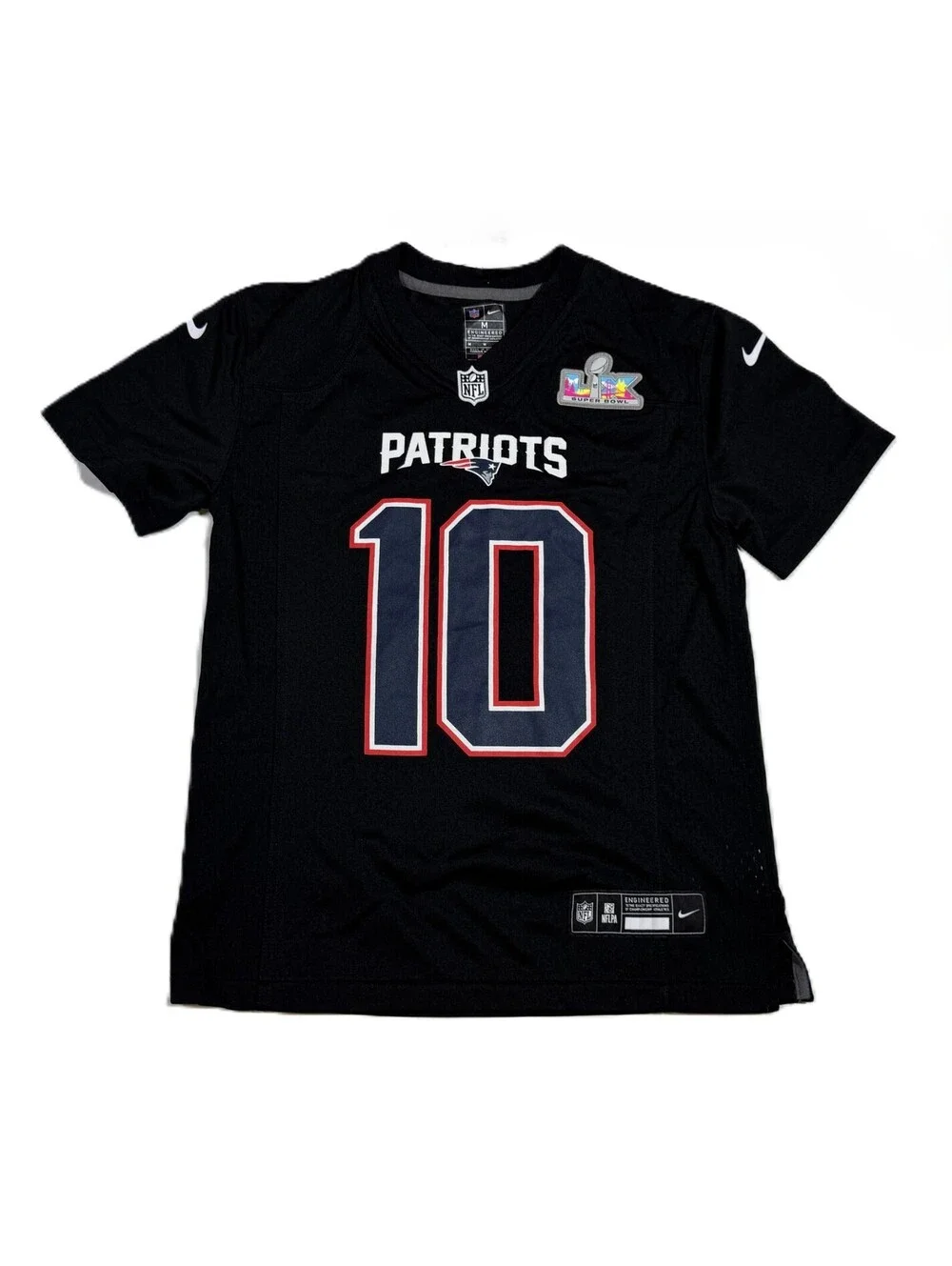 Nike New England Patriots Drake Maye Black Jersey Super Bowl Patch Youth M NWT